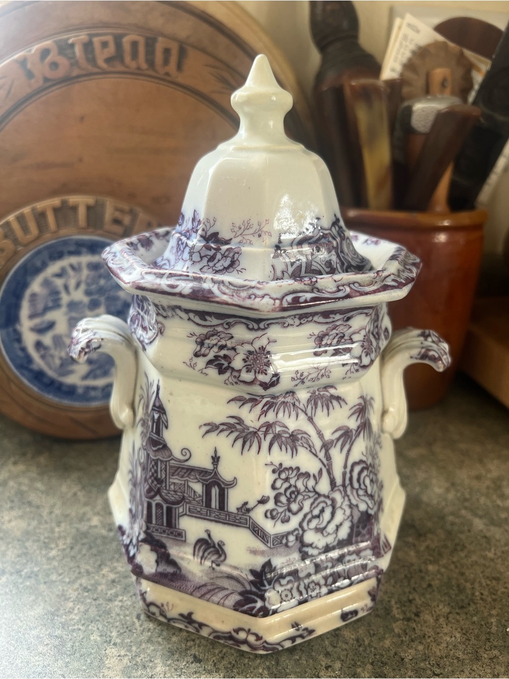 Antique Podmore Walker
Mulberry Transferware Lidded Sugar Bowl Ironstone 1840s